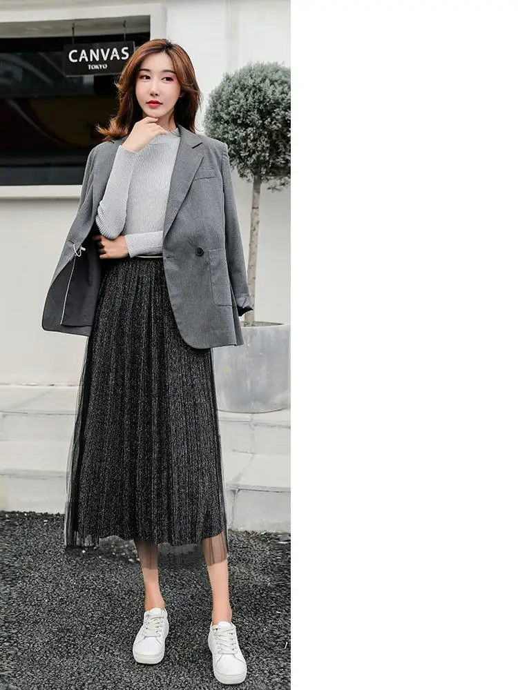 Pleated Bright Silk Mesh Skirt Women Autumn Elegant Korean Clothes New Solid Color Fashion All-match Long Skirt 2 Colors