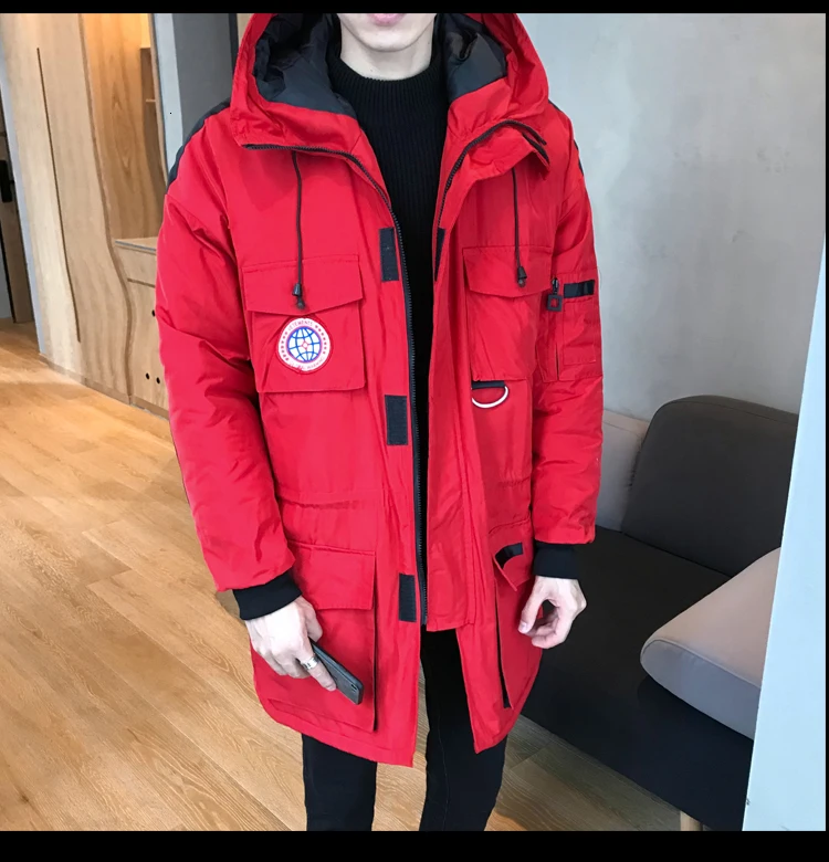 Толстые теплые мужские зимние куртки средней длины свободные Harajuku мужские парки пальто с капюшоном красные мужские ветровки пальто