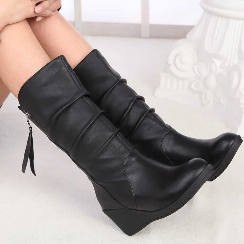 JACOSIN New Fashion Woman Long Boots Female Winter High Quality Pu leather Wedges Boot Ladies Rounded Toe Tessel Calf High Boots