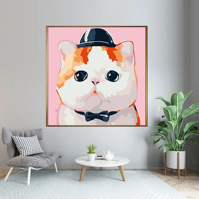 The cut cat with cap diy digital oil painting coloring numbers pictures by kits on canvas for children practise | Дом и сад
