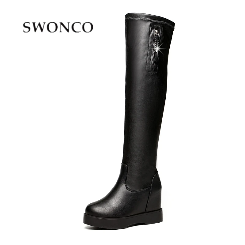 

SWONCO Woman Winter Boots Wedge Shoes Black Winter 2019 Elasticity Over Knee Boots Female Sexy Slim Leg Snow Boots Women Boottis