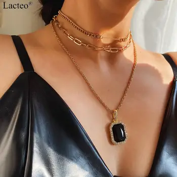 

Lacteo Vintage Black Crystal Pendant Necklace Jewelry for Women 2020 Fashion Sexy Golden 3Multi Layered Clavicle Choker Necklace