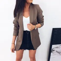 Элегантный офисный Женский блейзер для работы, женский модный однотонный пиджак в деловом стиле с длинными рукавами, пальто 2019 осенний