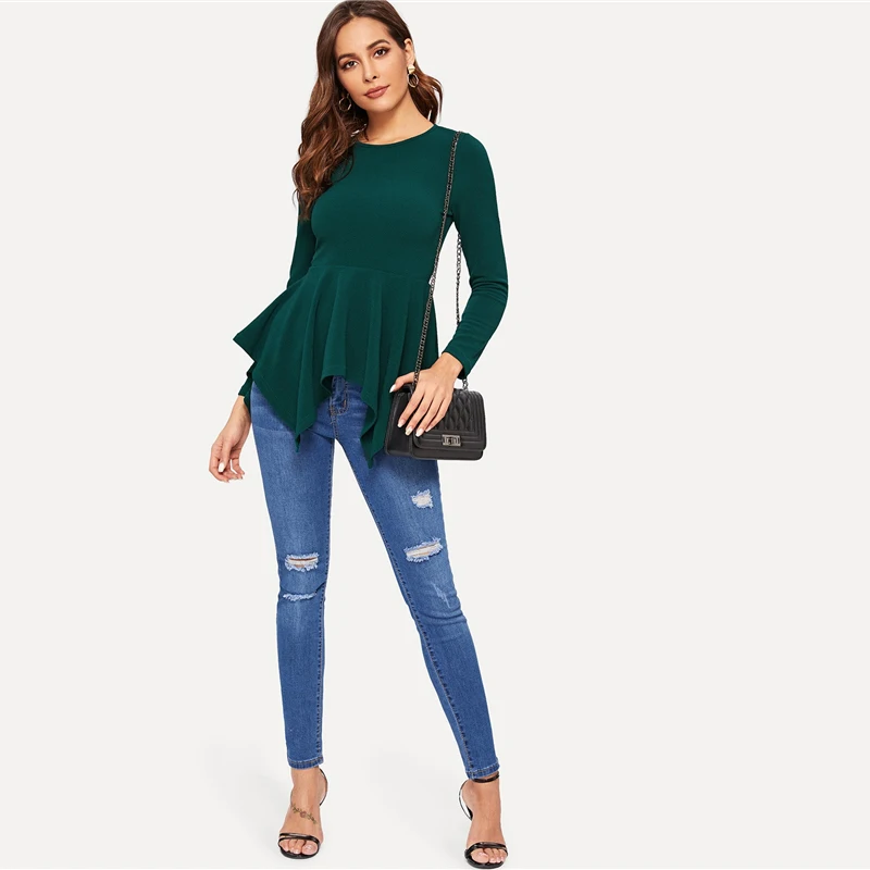 SHEIN Однотонный Топ С Асимметричным Низом И Молнией Женская Черная Классическая Блузка С Длинными Рукавами