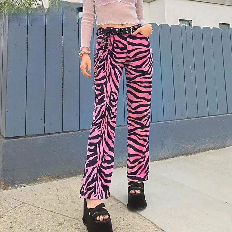 Pantalones de chándal con estampado de cebra para mujer, ropa de calle punk Y2K, sueltos, de cintura media, 1990s, color rosa