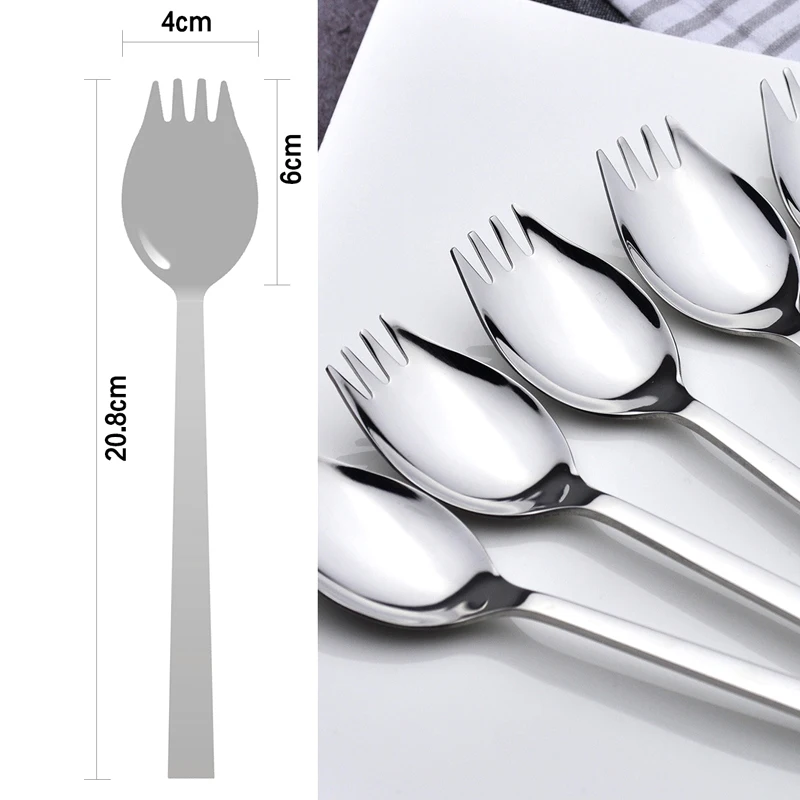 1Pc Stainless Steel Spork Lond Handled Salad Spoon Fork Silver Metal Soup Spoon Dessert Fruit Fork Portable Outdoor Tableware (2)