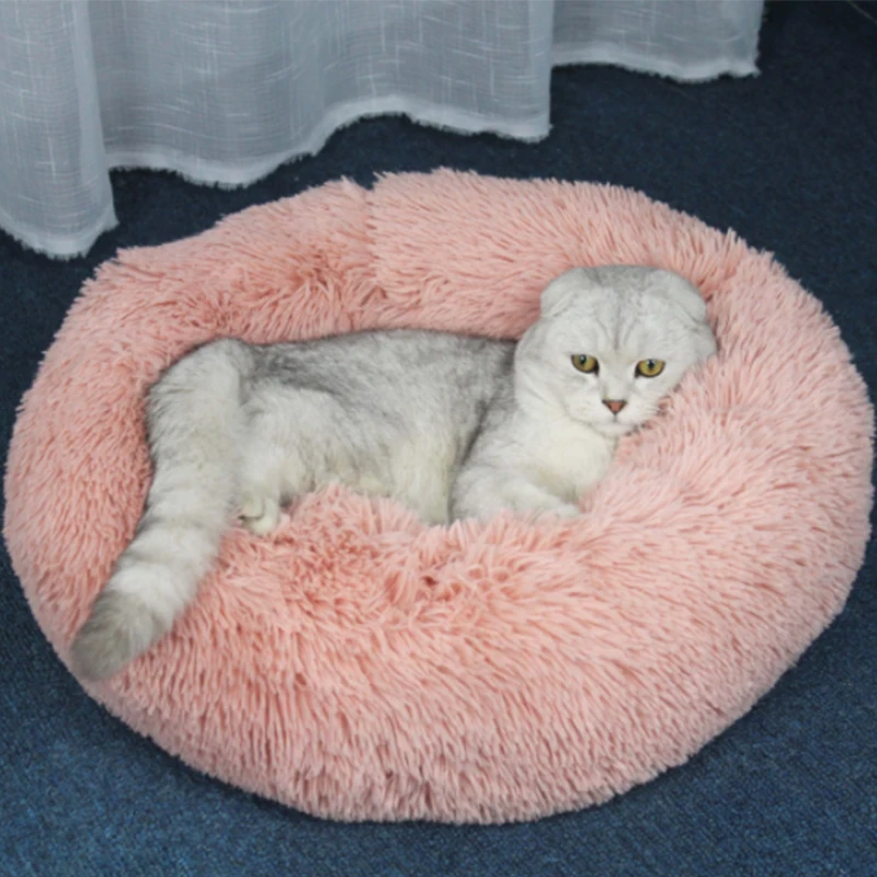 Круглая длинная плюшевая кровать для кошек, домик для домашних животных, мягкий коврик для кошек, круглая кровать для собаки для маленьких собак, Лежанка для котов, спальная кровать, подушка для щенка, Прямая - Цвет: Розовый