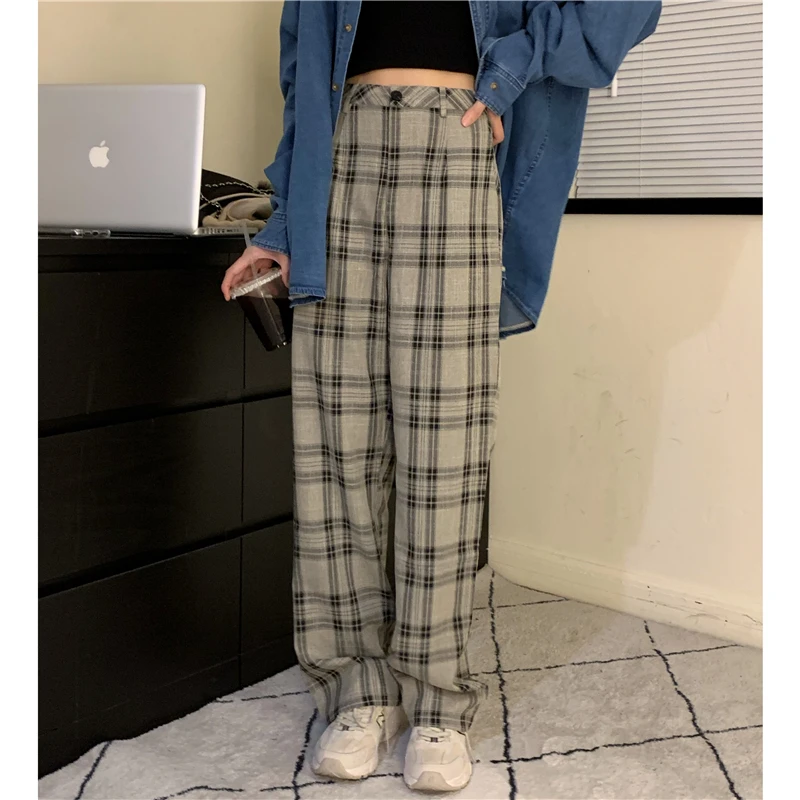 

Autumn Pants Women Plaid Brown Vintage Pants Women High Waist Korean Straight Trousers Female Retro Style Casual Trousers Soft