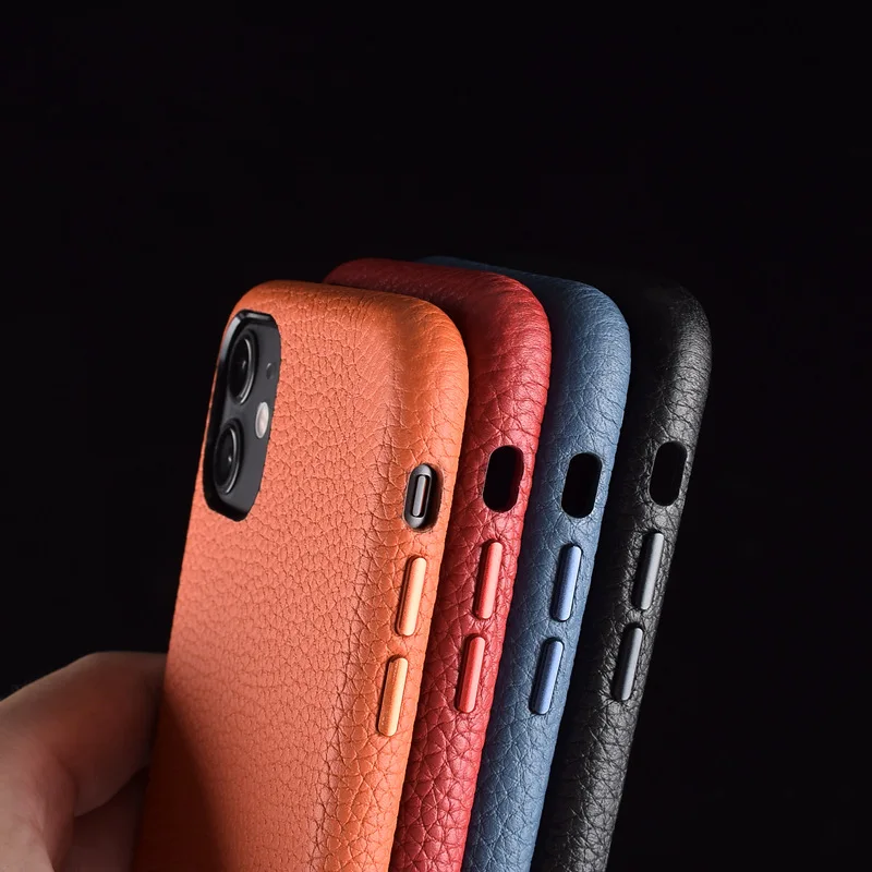 New 4 Colors Genuine Leather Business Back Cover Real Natural Calf Cowhide Phone Case For iPhone 11 Pro Max Litchi Pattern