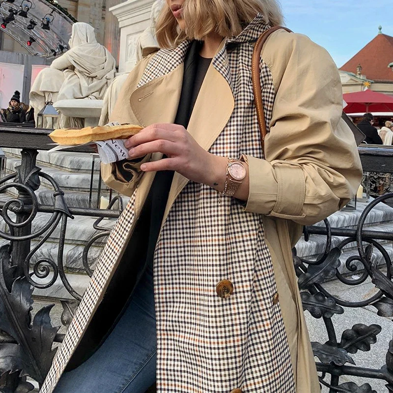 Simplee Causal light tan autumn women trench coat Split joint elegant long sleeve coat Plaid long coat with belt windbreaker