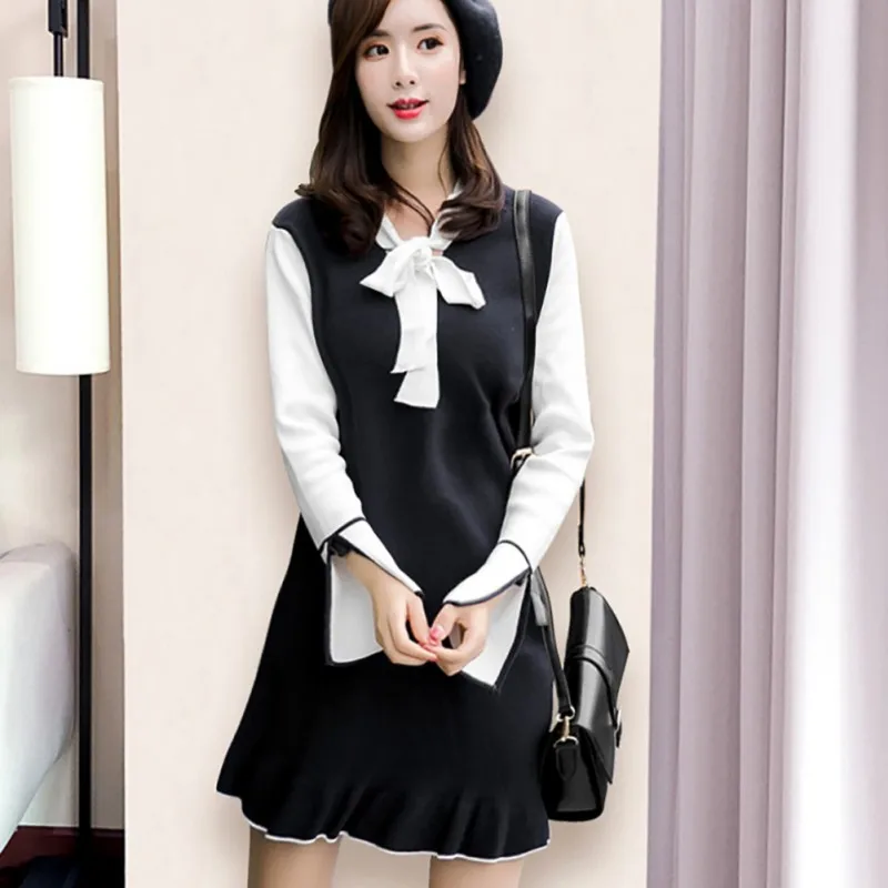 

2019 New Women's New Bow Temperament Sweet Thin Dress Flare Sleeve A-Line Fake Two-piece Bottoming Dress