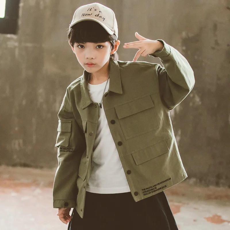 Army green Весенне-осенняя куртка для мальчиков 4, 6, 8, 10, 12, 14 лет Детская рабочая одежда, пальто модный свитер для подростков Модные детские топы, GCC061 - Color: Army green