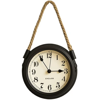 

Nordic Modern Minimalist Wall Clock Living Room Pastoral Iron Metal Hanging Clocks Creative Quartz Mute Clock with Hemp Rope-Bla