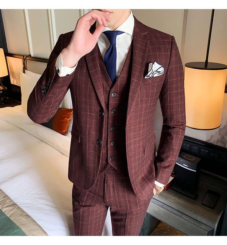 Клетчатый костюм мужской костюм из трех частей корейской версии Slim Groomsman свадебное платье деловой костюм профессиональное платье