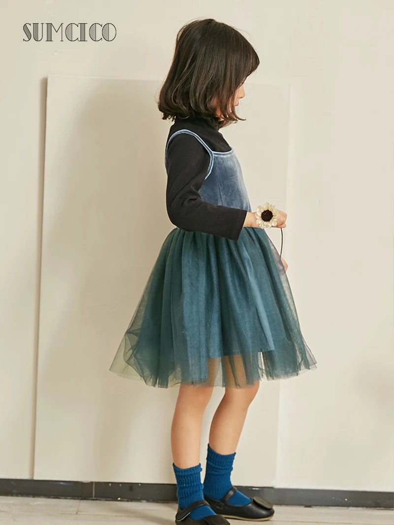 

Sumcico 2020ss/fw Latest Girl's Cotton Velvet Spaghetti Strap Tulle Dress Baby's Bell Dress for Daywear Party Age 2-15Y