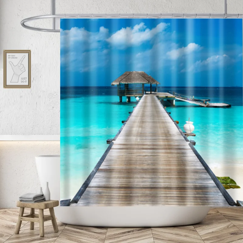 Beach High Quality Polyester Fabric Waterproof Shower Curtain 3D Washable Home Decor Nordic Style Building Bathroom Curtains
