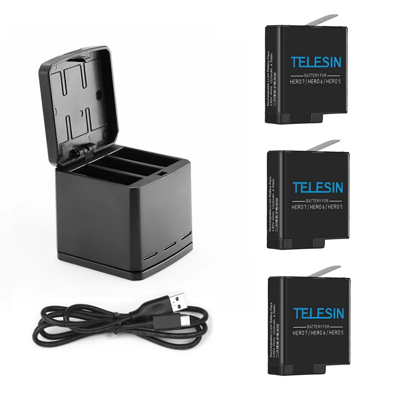 Telesin 3 батареи и 3-ходовое зарядное устройство для Gopro hero5 hero6 hero7 черный, поддержка зарядки оригинальный Gopro 5 6 7 аккумулятор коробка для