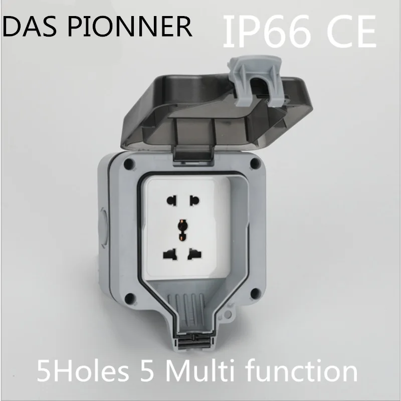 

P66 waterproof socket Multi-function five hole Waterproof Outdoor Wall Power Socket 16A Standard Electrical Outlet Grounded