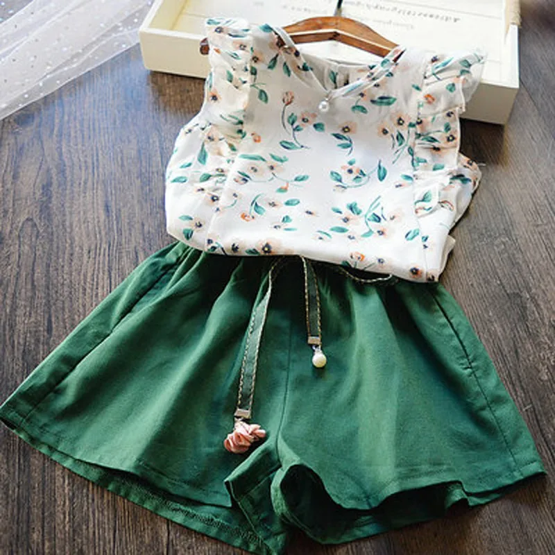 

2019 Girls Summer New Fashion Casual Lace Print Shirt + Female Baby Loose Solid Color Shorts Two-piece 3-7T Children Clothes