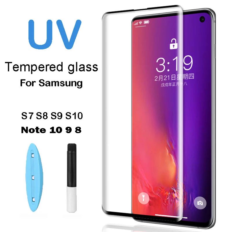 Ультрафиолетовый жидкий Полный Клей закаленное стекло для samsung Galaxy S10 S9 S8 Plus Lite Note