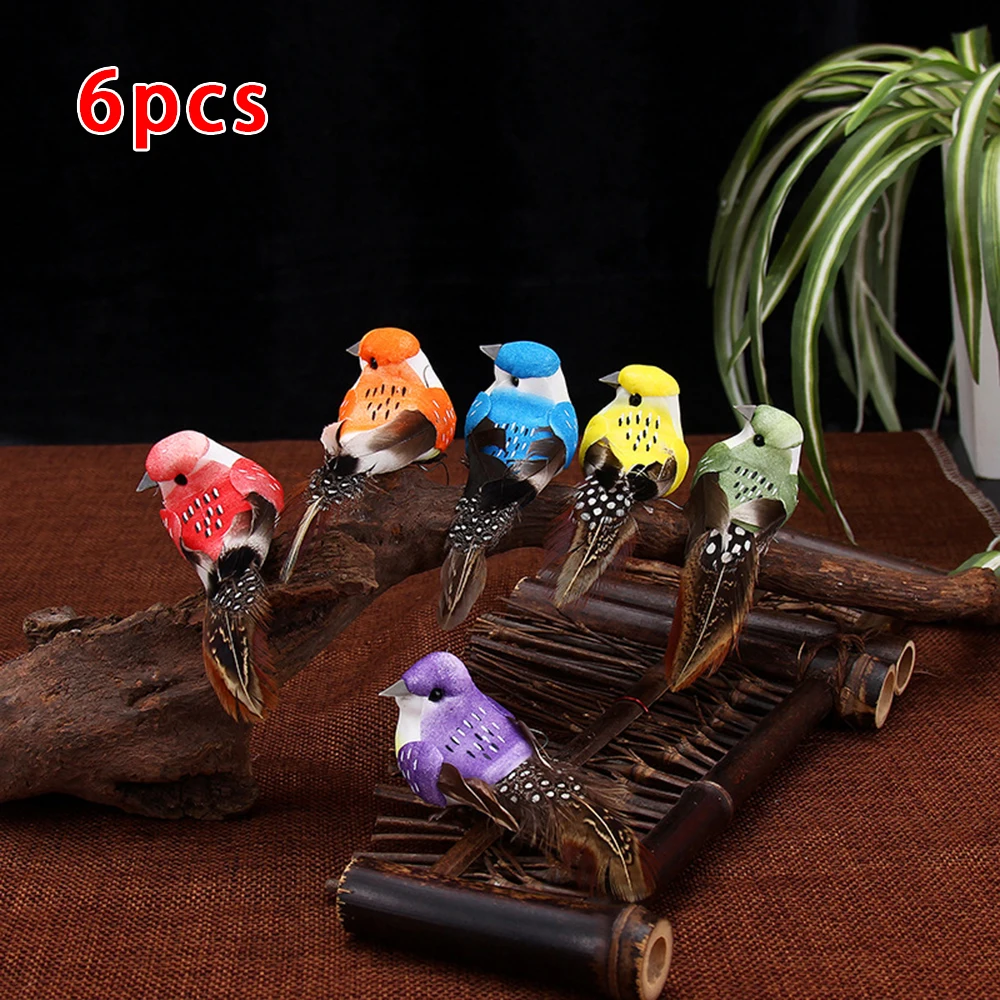 6Pcs Artificial Birds Animal Simulation Fake Feather Birds Models Garden Decoration Ornament Xmas Tree Decor