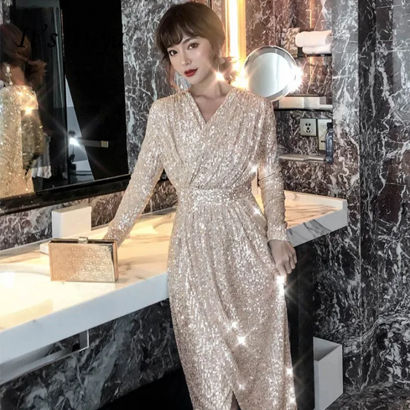 

It's Yiiya Evening Dress Champagne Sequined Shining Evening Gowns Elegant Full Sleeve Tea-Length robe de soiree For Girls K055