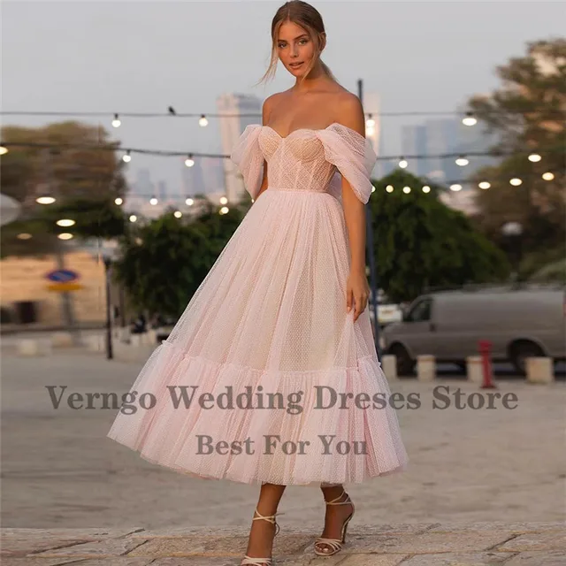 Verngo Blush Pink Off the Shoulder Dot Tulle  Short Wedding Dress With Sleeves Elegant Tea Length Bride Gown For Party Reception Pink