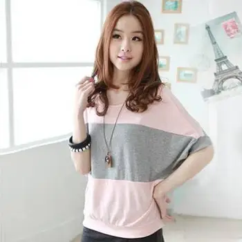 

Women Fashion Short Batwing Sleeve Loose T-shirt Blouse Color Splicing Tee Shirt футболки женские летние футболка 2020 женская