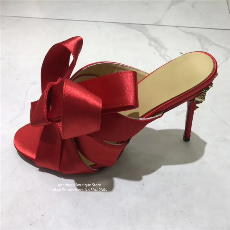 Luxury Satin Slippers Butterfly Knot High Heels Women Sexy Open Toe Thin High Heel Catwalk Slippers Metal Rivet Decor Shoes