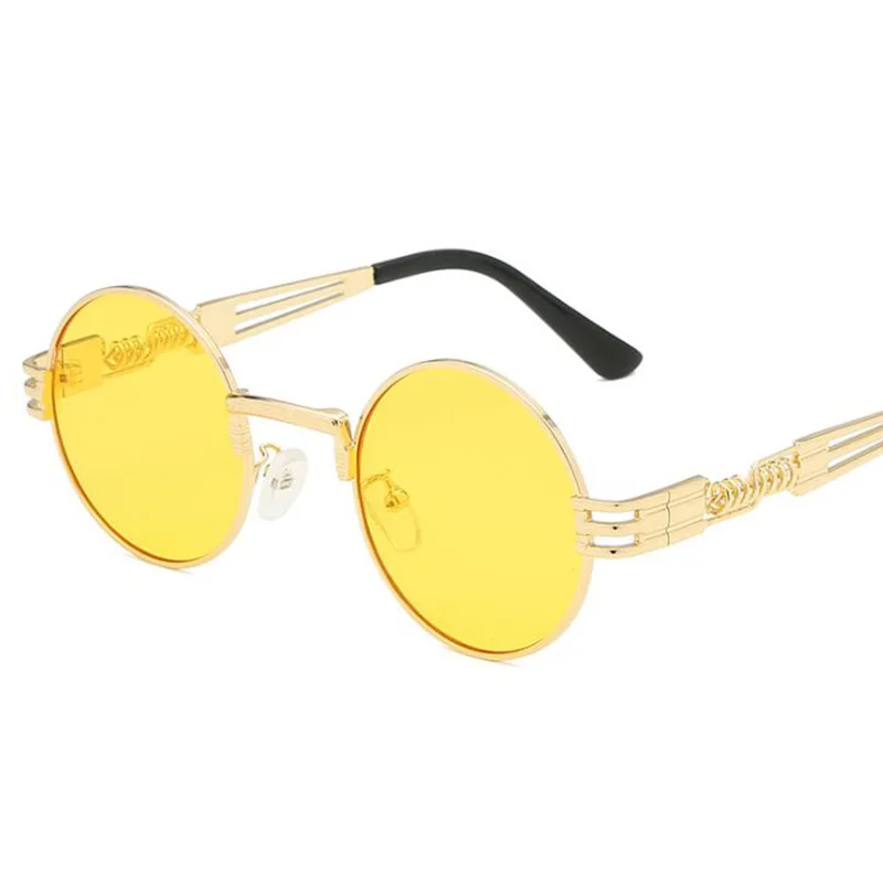 Gold Ocean Yellow Готические солнцезащитные очки Stempunk для мужчин и женщин, металлические круглые очки в стиле панк, брендовые дизайнерские Винтажные Солнцезащитные очки, зеркальные, высокое качество, UV400 - Цвет линз: Gold Ocean Yellow
