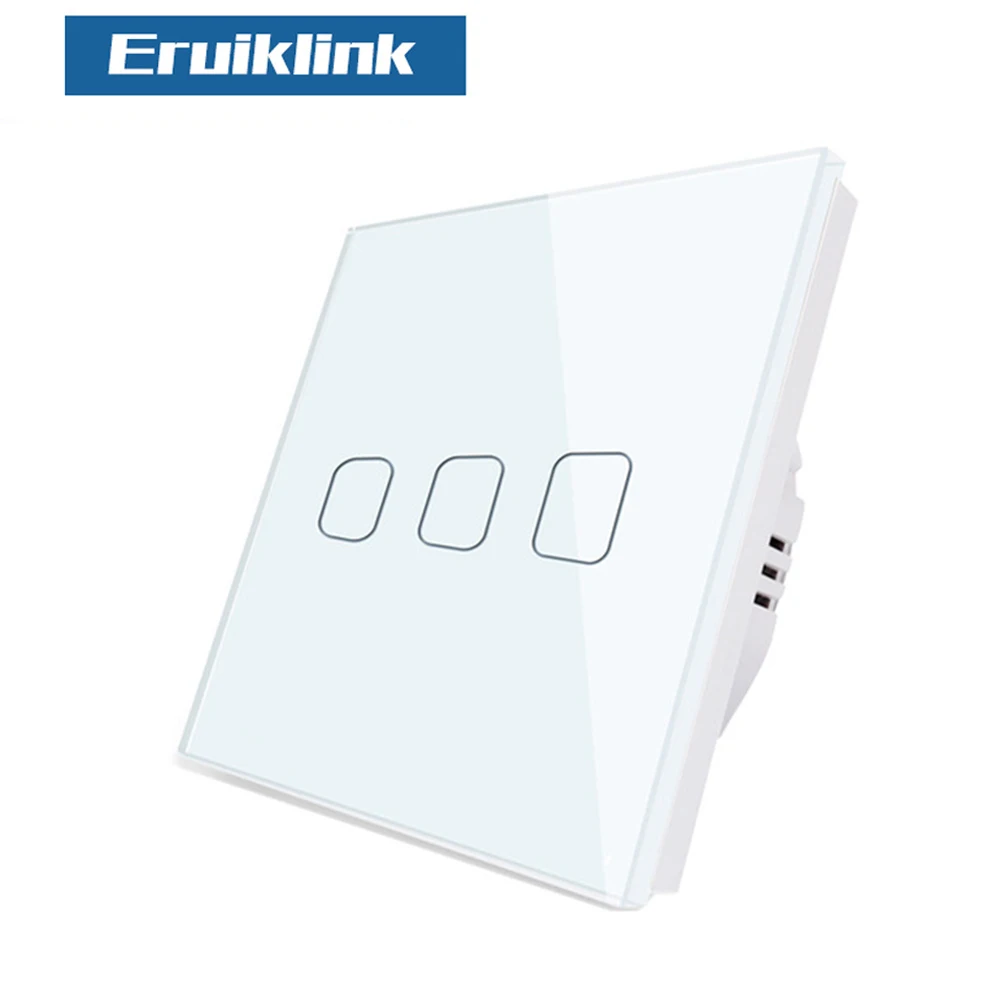 Wall Light Switch, Glass Panel Crystal Touch Light 3 gang 1 Way EU/UK Standard Touch Screen
