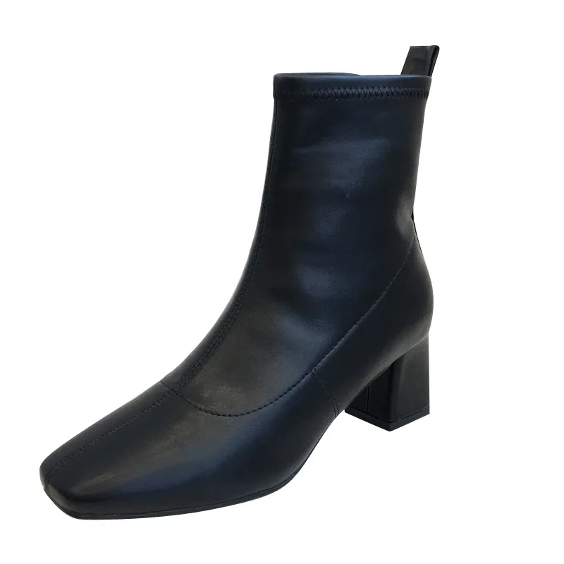 

2019 Stretch Flock Fashion Square Middle Heel Slip on Ankle Boots Autumn Winter Round Toe Women Shoes Sock Boot Casual Shoes