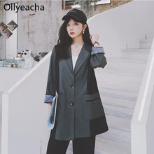 Ollyeacha Chaqueta entallada de longitud media para mujer, traje de una sola botonadura, Blazer negro y gris, elegante, abrigo de oficina, abrigo Blazerr