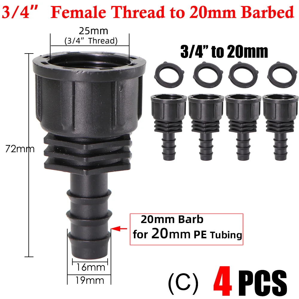 16 20 25MM 1/2" 3/4" Thread Connector to Barb 16mm 20mm PE Tubing Adapter Hose Joints Garden Drip Irrigation Coupling Fittings