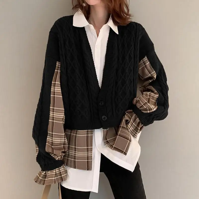 Getspring Women Sweater Spliced Asymmetry Fake Two Knitting Cardigan Irregular Color Matching Casual Cardigans Sweaters 2021 |