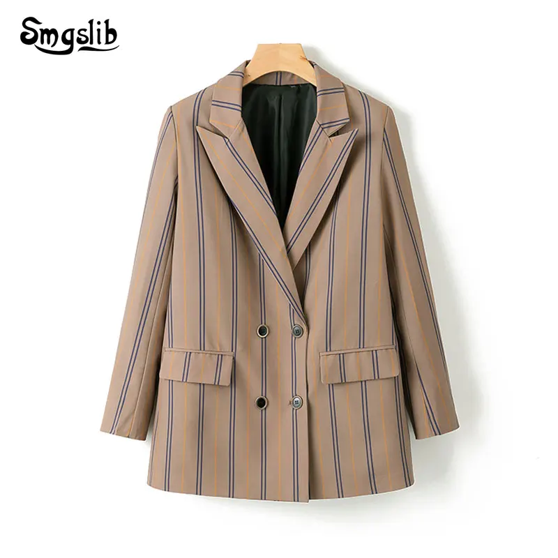

2019 Spring-Autumn Elegant Suits Ladies Striped Women Twill Blazer Notched Collar Double Breasted Blazers Chic Girls Top Clothes