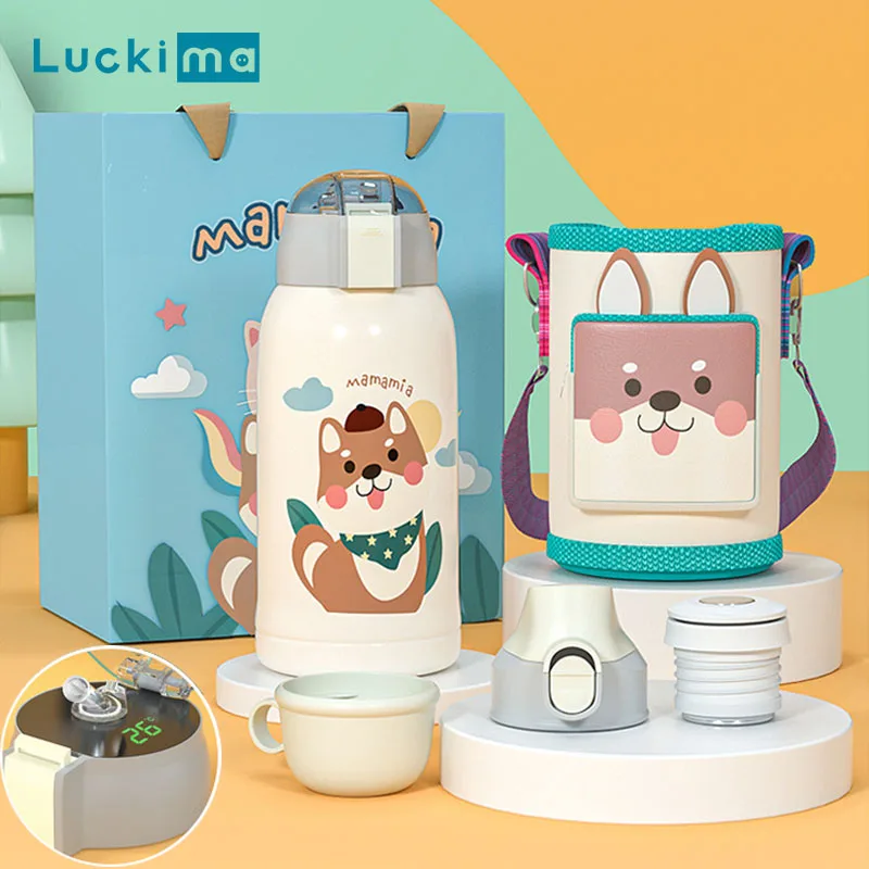 

500ML Kids Cartoon Thermos Cup 316 Stainless Steel Thermoses Water Bottle with 3 Lids Smart Temperature Display Children Gift