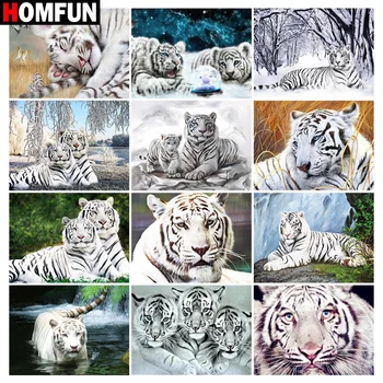 

HOMFUN Diamond Painting Cross Stitch "White tiger animal" Full Square Round Diy 5d Diamond Embroidery Picture Rhinestone Art