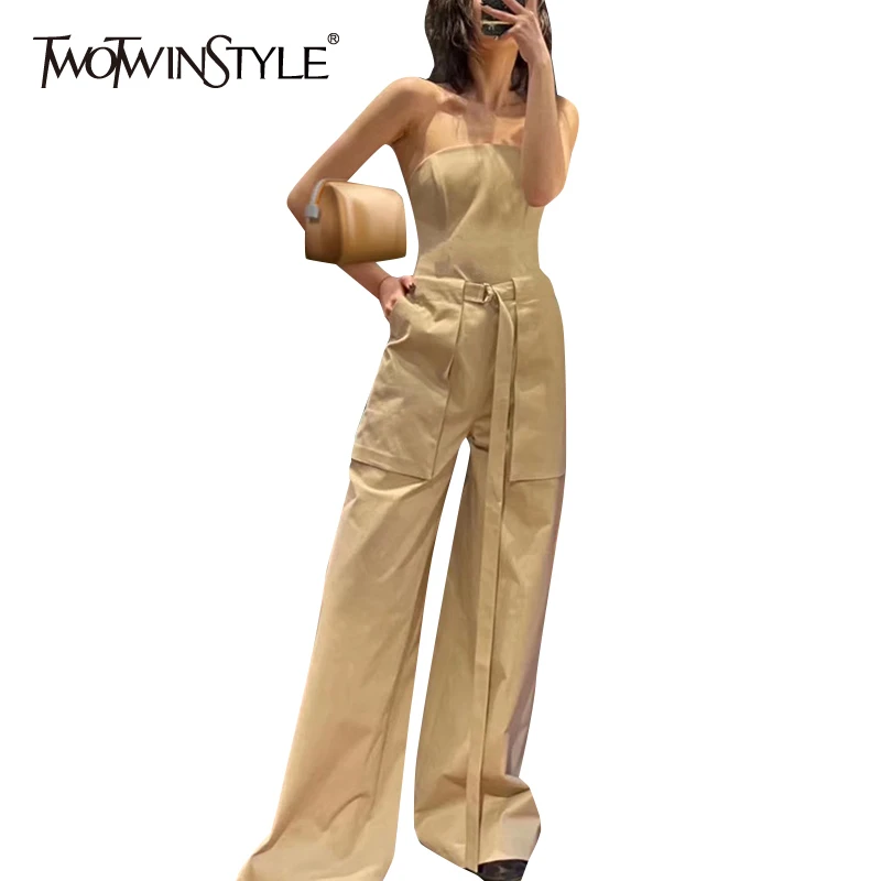 TWOTWINSTYLE Casual Loose Women Jumpsuit Slash Neck Sleeveless Backless High Waist With Sashes Full Length Jumpsuits Female Tide TWOTWINSTYLE Casual Loose Women Jumpsuit Slash Neck Sleeveless Backless High Waist With Sashes Full Length Jumpsuits Female Tide