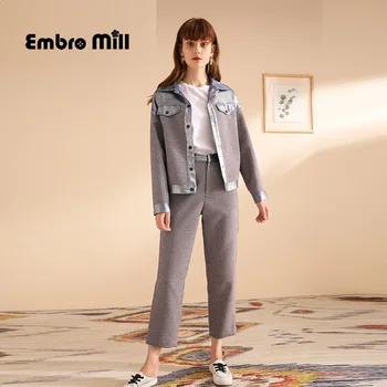 

Autumn High Quality Fashion Splice plaid two piece set British Style lape Long Sleeve Loose 2 piece set women S-XL