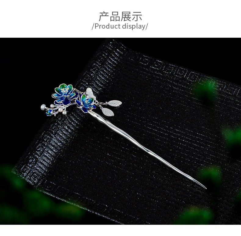925 Sterling Silver Hair Sticks Blue Enamel Flower Hair Accessory for Women Wedding Pearl Butterfly Tassel Handmade Bridal Tiara