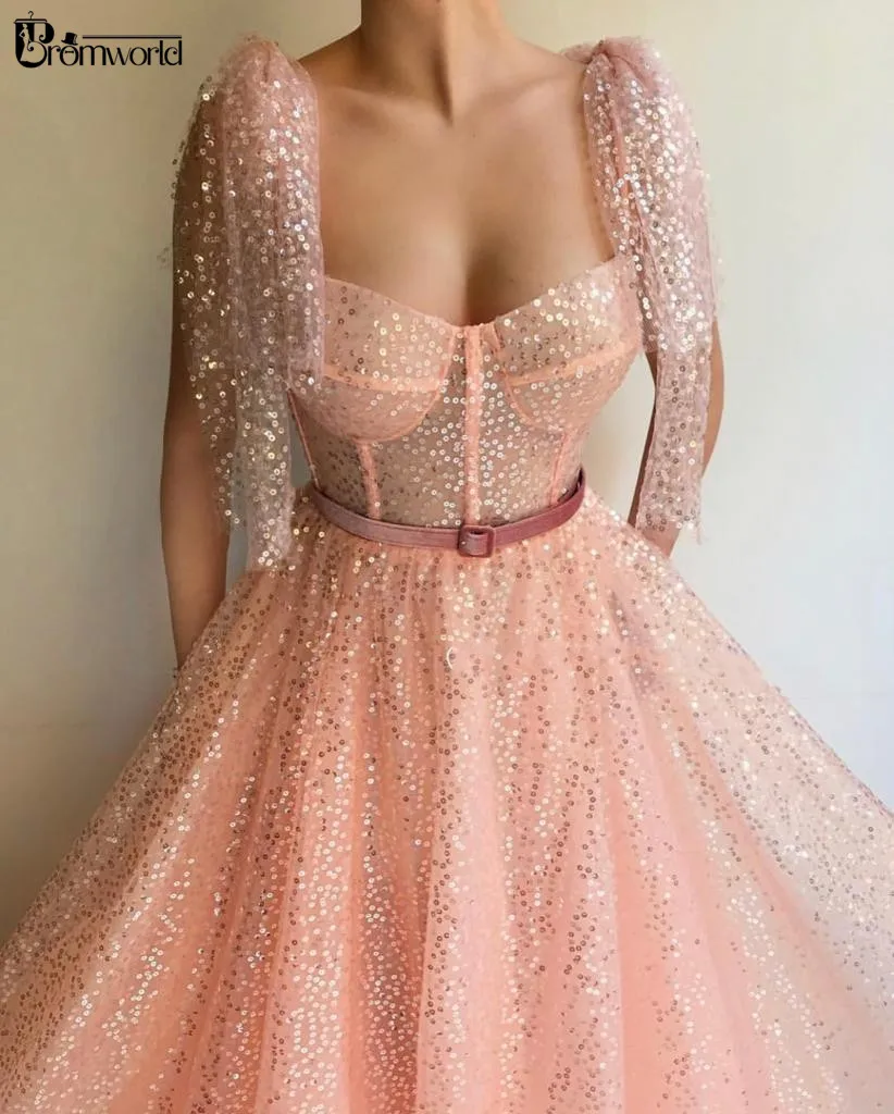 Розовое мусульманское вечернее платье с блестящими пайетками, вечернее платье, Дубай, короткие рукава, платья для выпускного вечера, длинное вечернее платье Abendkleider