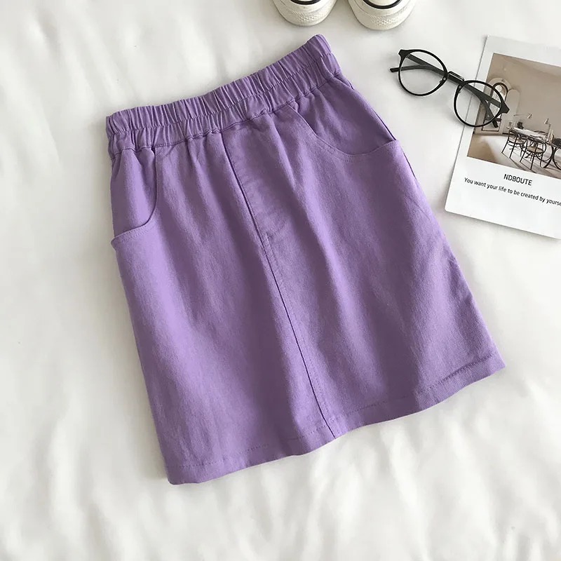 

Spring Women New Summer Short Skirts Solid Color Elastic Waist A-line Midiskirt Simple Anti-emptied Girls Mini Skirts