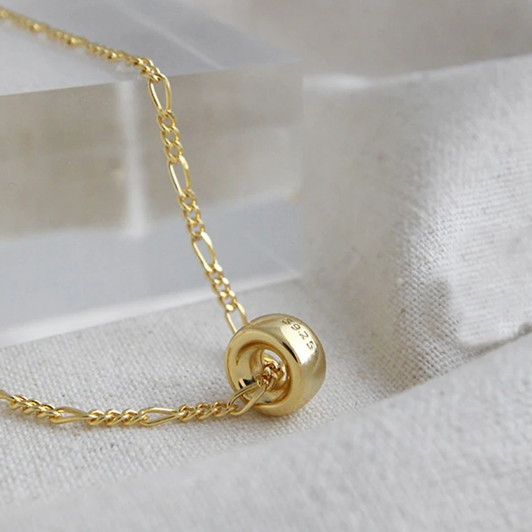 gold Minimalist 925 Sterling Silver Sphere Pendant Circle Necklace Graduation Gift Modern Necklace Jewelry S925 Figaro Chain Necklace - Цвет камня: gold