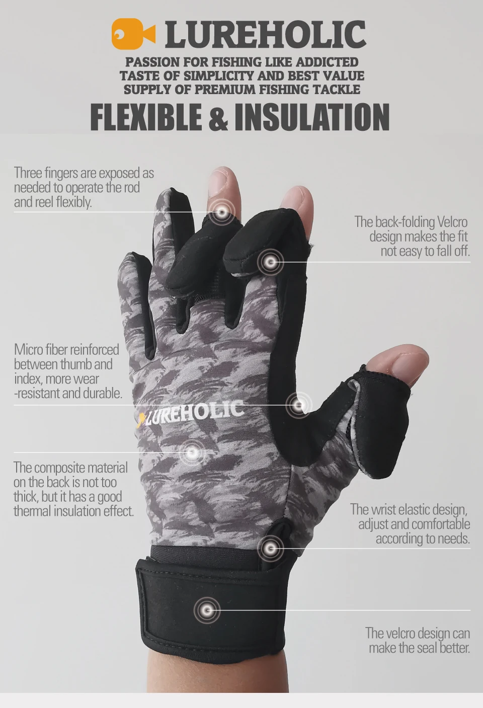 Description Picture 5 of itemLUREHOLIC Three Fingers Foldable LureFishing Gloves Flexible and Worm Winter warm gloves Wear-resistant and Durable