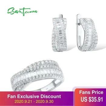 

SANTUZZA Jewelry Set For Women Pure 925 Sterling Silver Sparkling White Cubic Zirconia Earrings Ring Set Daily Wear Fine Jewelry