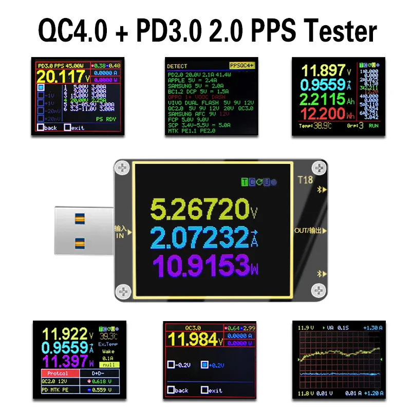 T18-X6 USB тестер напряжения тока Вольтметр метр HD Цвет QC4+ PD3.0 QC2.0/QC3.0 PPS протокол быстрой зарядки тест емкости - Цвет: T18 Tester