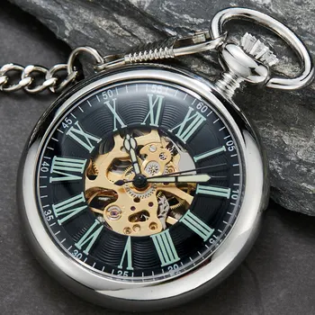 

Hot Sale Smooth Silver Skeleton Transparent Mechanical Pocket Watch for Men FOB Chain Hand Winding Relógio de bolso mecânico