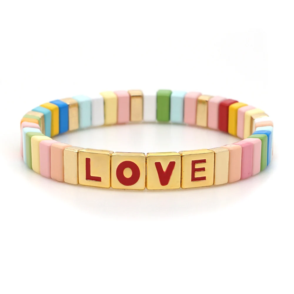 

Shinus Bohemian LOVE Letter Bracelets Women Bangles Enamel Tile Bracelet Summer Beach Rainbow Colorful Jewelry Handmade Stretch