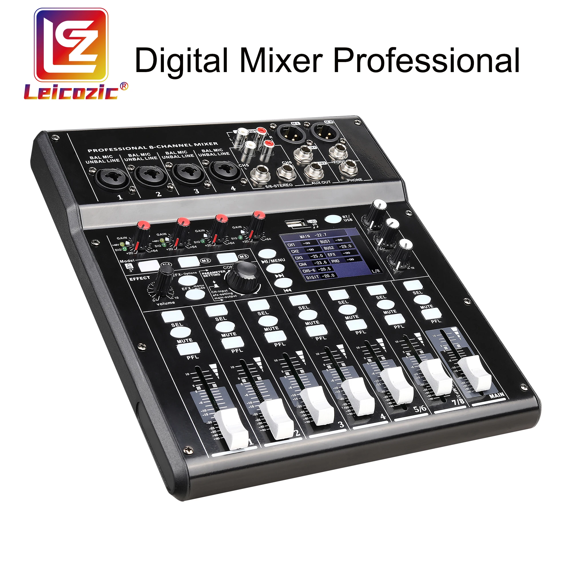 Leoie Sound Mixing Console with Bluetooth Record 4 Channels Audio Mixer for Stage Performance Family K Songs EU Plug 